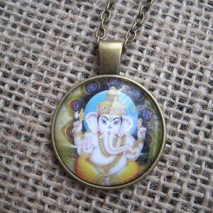 Ganesha Glass Cabochon Pendant Necklace